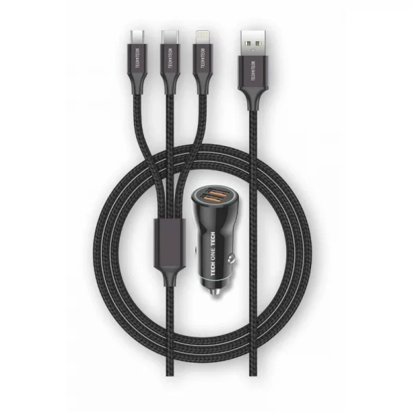 TechOneTech Cargador de Coche 2x USB-A  Cable 3 en 1 MicroUSB, Lightning y USB-C - Color Negro