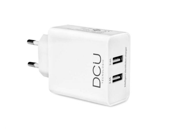 DCU Tecnologic Cargador 2xUSB Compacto - Carga Dos Dispositivos Simultaneamente - Puertos USB de 5V Cada Uno 2.4 a  2.4 A - Color Blanco