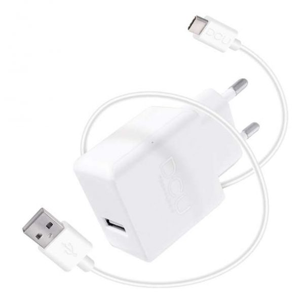 DCU Tecnologic Cargador USB 5V 2.4A  Cable USB Tipo C - 1m - Carga Rapida y Segura para tus Dispositivos - Color Blanco