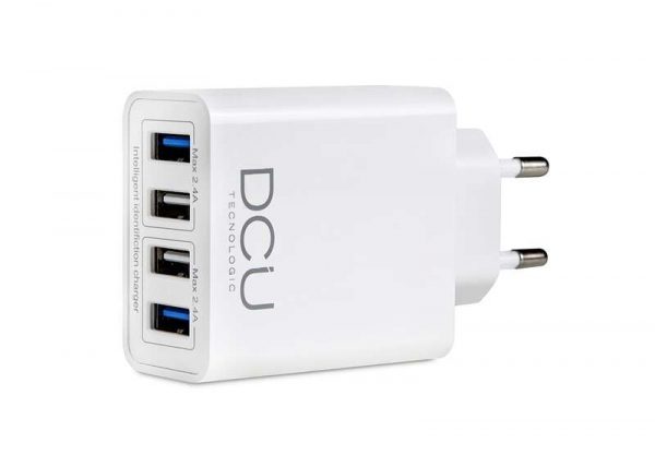 DCU Tecnologic Cargador Inteligente 4 Puertos USB - Carga Rapida para hasta 4 Dispositivos Simultaneamente - Color Blanco